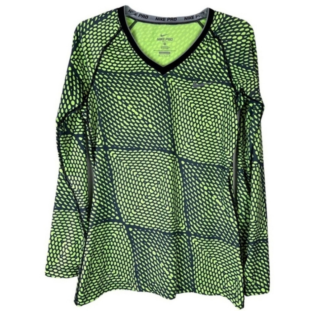 Nike Pro DriFit Womens Longsleeve Athletic Top Neon Green Black Large